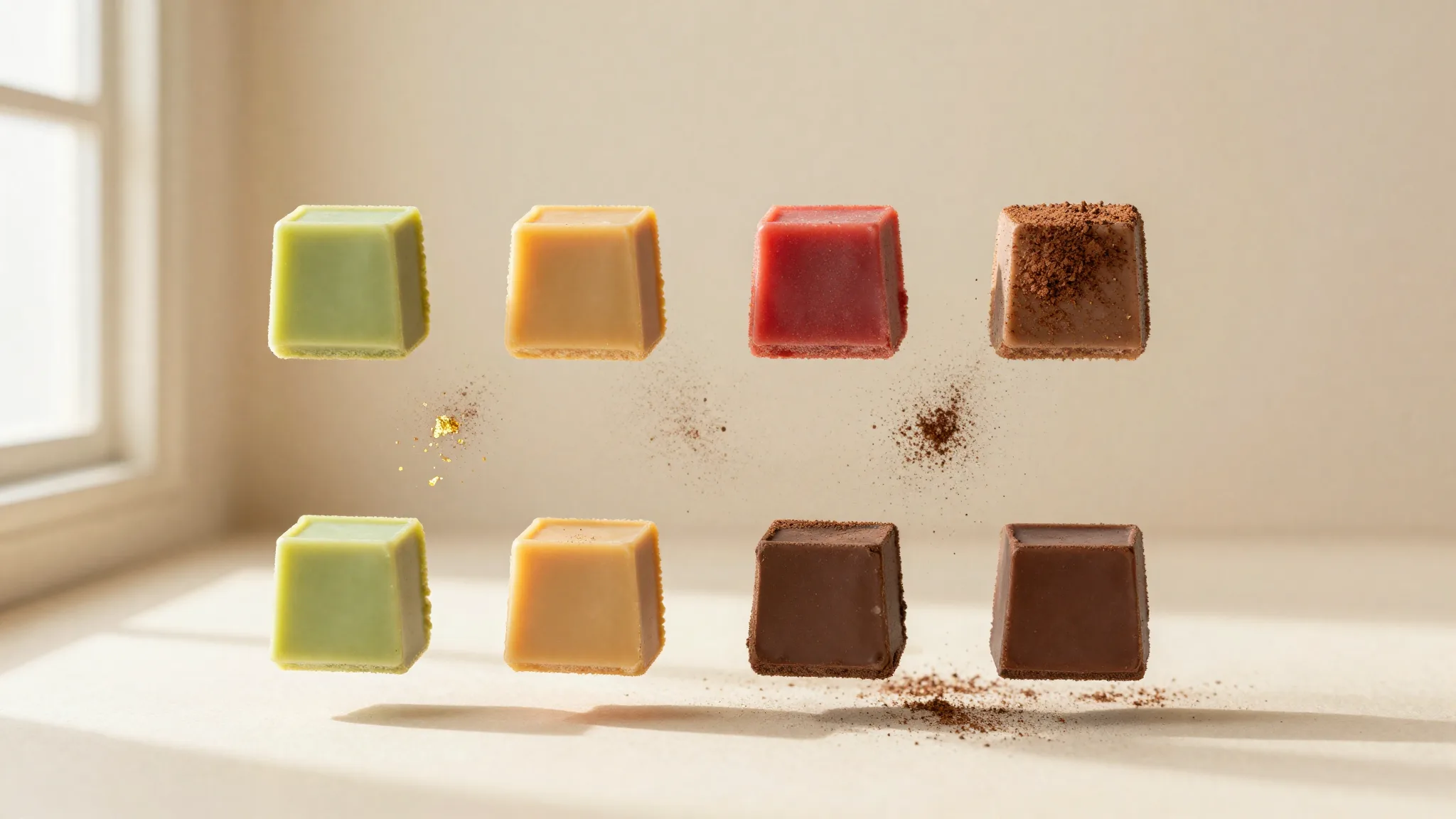 A box of SÈVE squares being arranged